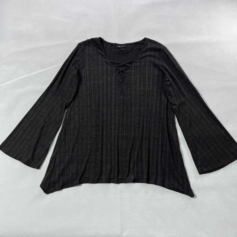 AB Studio Knit‎ Top Women XL Black Heather Bell Sleeve Faux Lace Up Neckline